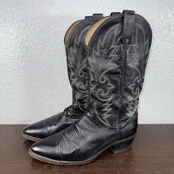 Vintage Dan Post Cowboy Boots Mens 10 D Black Leather Western Cowboy 2110 USA - Picture 1 of 10